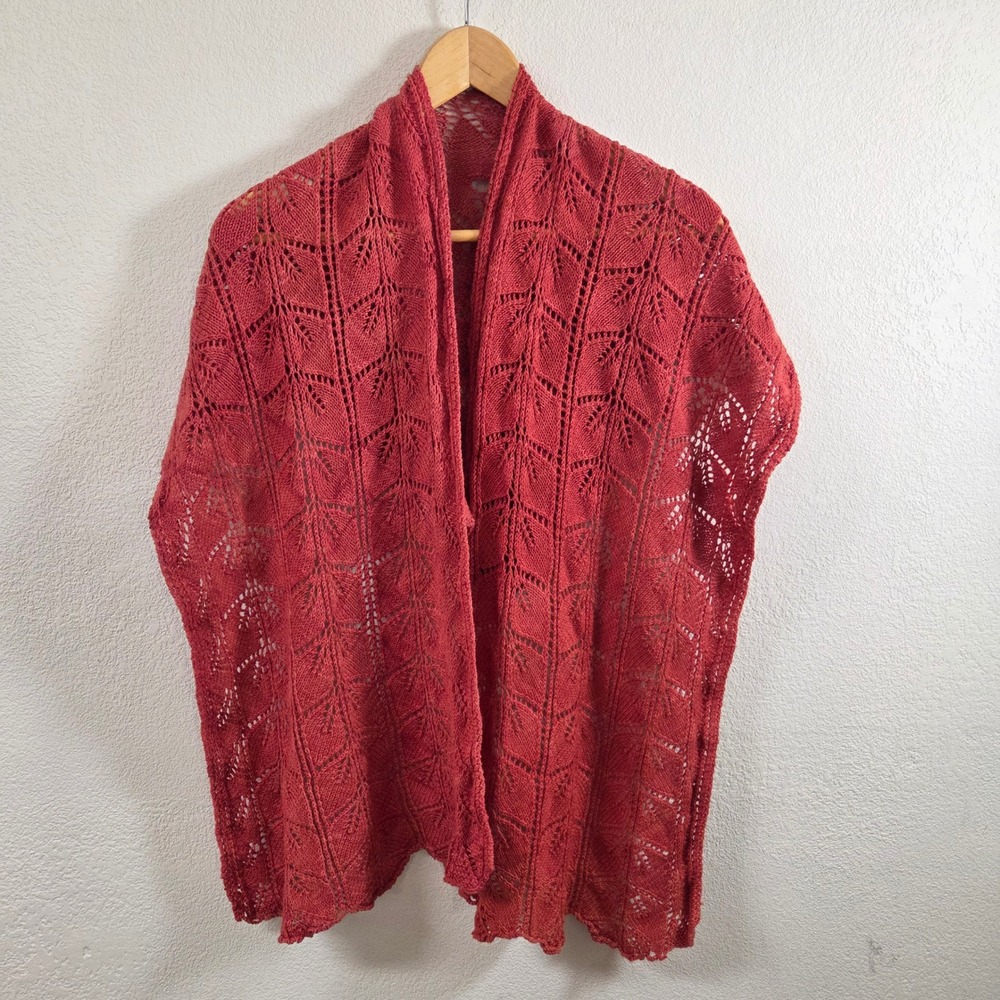 Handmade Rust Red Leaf Lace Knit Shawl Cardigan Open Front Scalloped Wrap